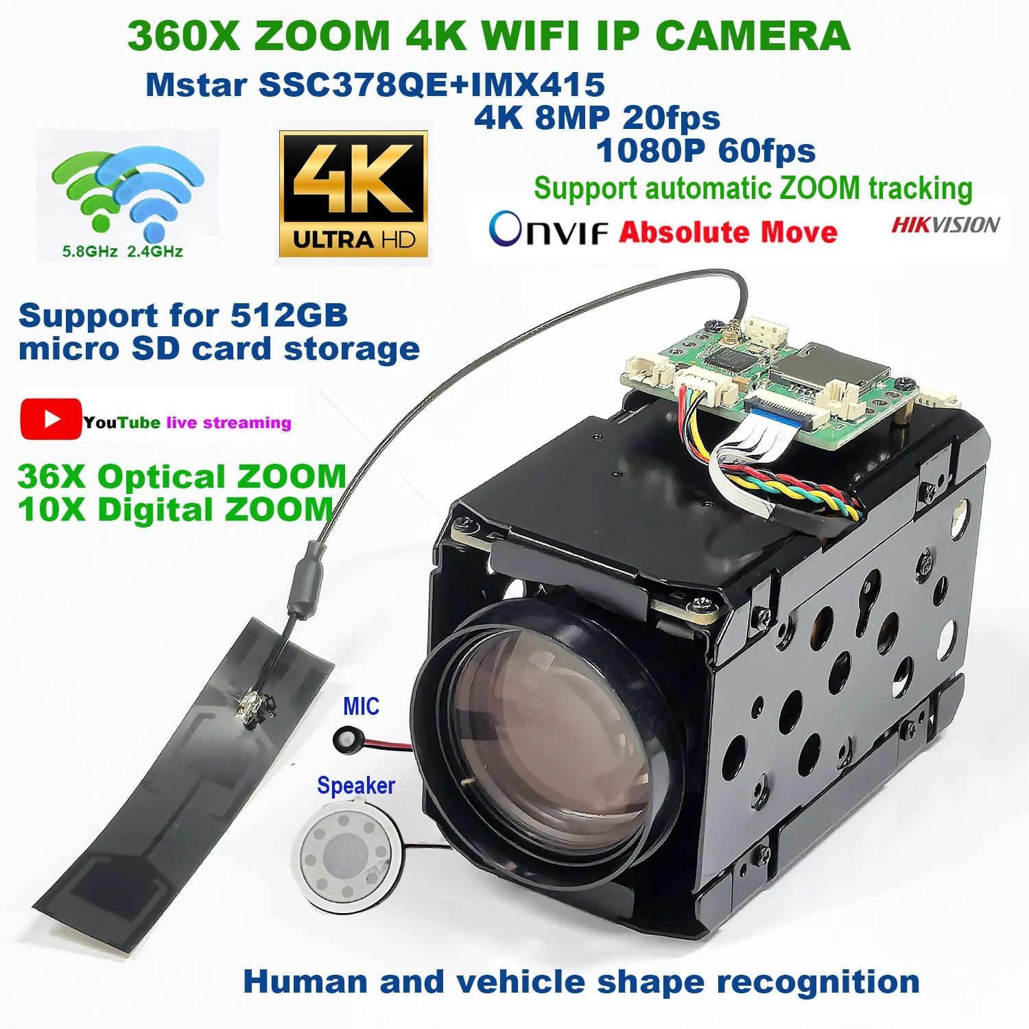 Wifi 4K 8MP 360X ZOOM IP Camera RTMP auto IRIS Hikvision protocol IVM4200 P2P ONVIF IMX415 SD 256GB IP Camera