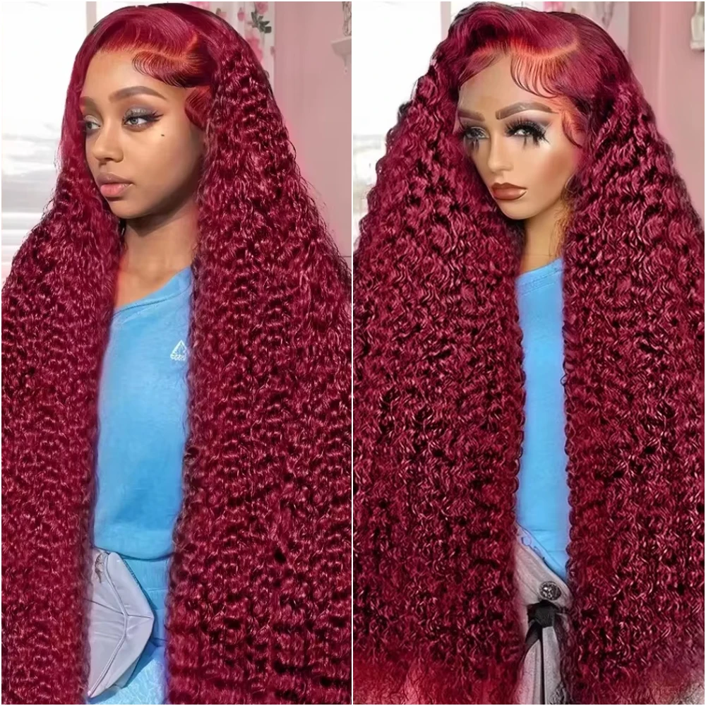 

Красный парик из натуральных волос 99J Burgundy Deep Wave с кружевной передней частью, 30-40 дюймов, 13x6, HD прозрачное кружево, для женщин