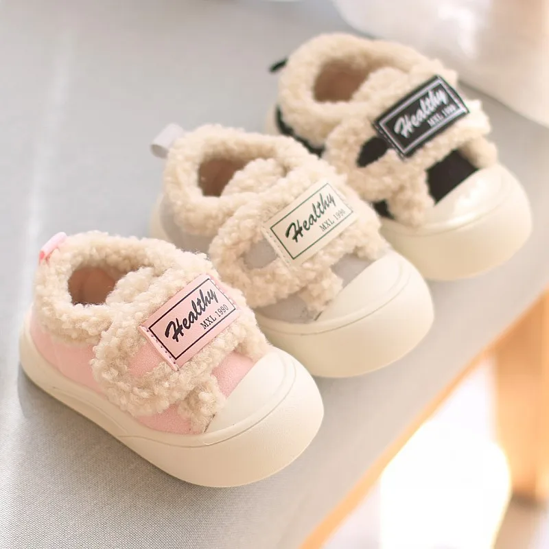 Winter New Boys Girls Warm Flat Cotton Shoes 2024 Children's Korean Edition Fashion Soft Bottom Velcro Casual  PU Leather Shoes