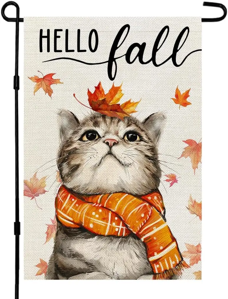 CROWNED BEAUTY Hello Fall Cat Garden Flag 12x18 Inch Double Sided for Outside Small Burlap Autumn Holiday Yard Decoration CF1690