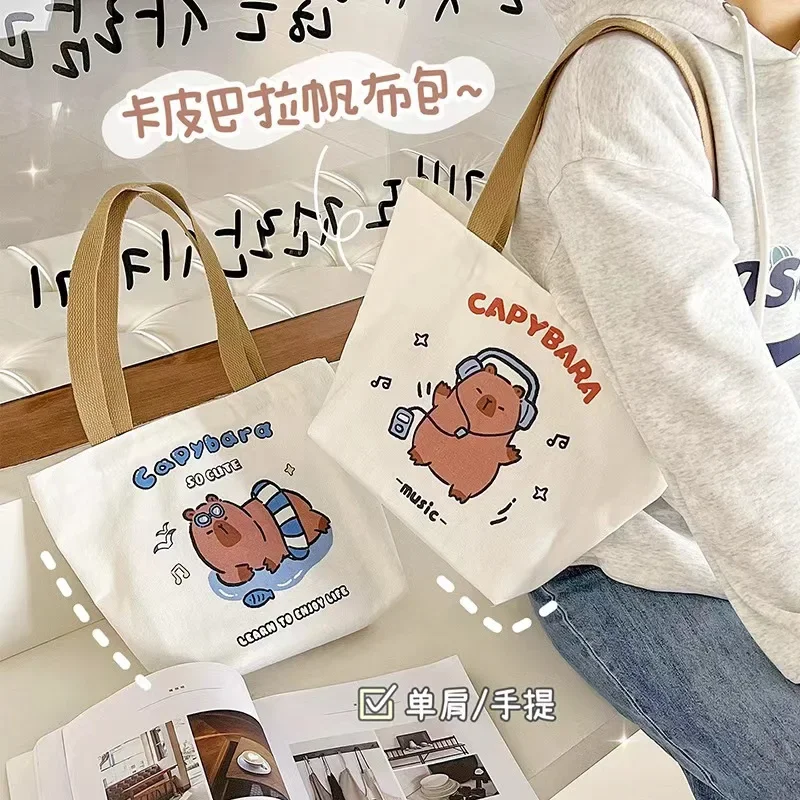 Cartoon Capybara canvas Handbag Totes Hollow Out Shoulder Bag For Student file collection bag Casual Large Capacity Pack