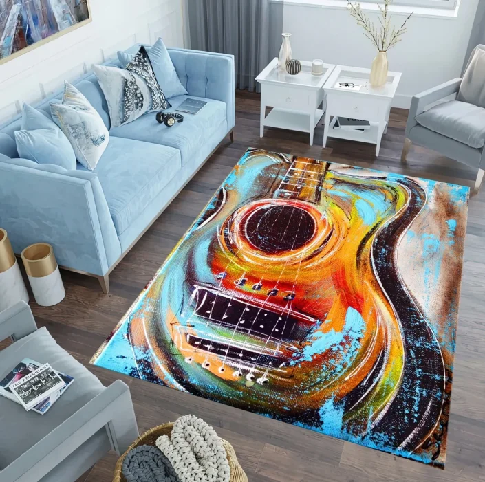 Oil Painting Guitar Pattern Carpet Music Enthusiast Home Decoration Creative Guitar Elements Carpet Living Room Bedroom Warm Rug