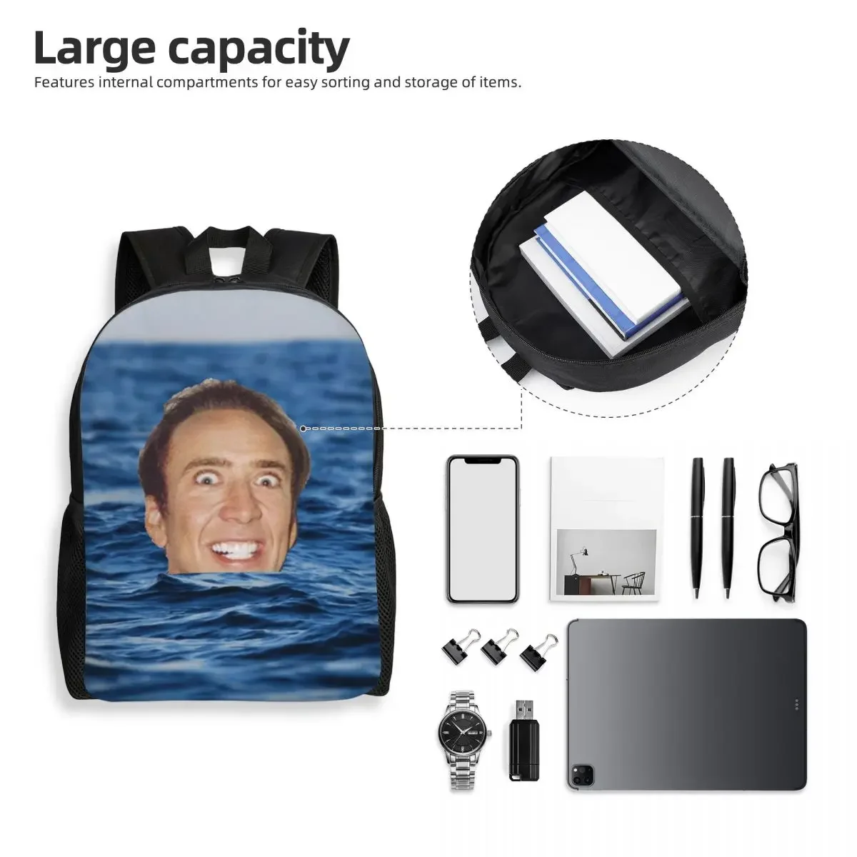 Custom Nicolas Cage In Sea Travel Backpack Women Men School Laptop Bookbag Funny Meme College Student Daypack Bags