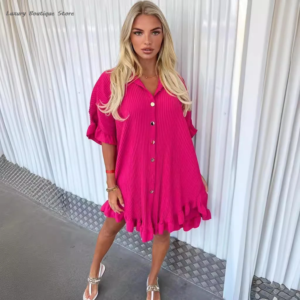 2024 New Ruffle A-line Casual Women Dress Short Sleeve Single Breasted Fashion Elegant Loose Pleat Short Summer Dress For Lady