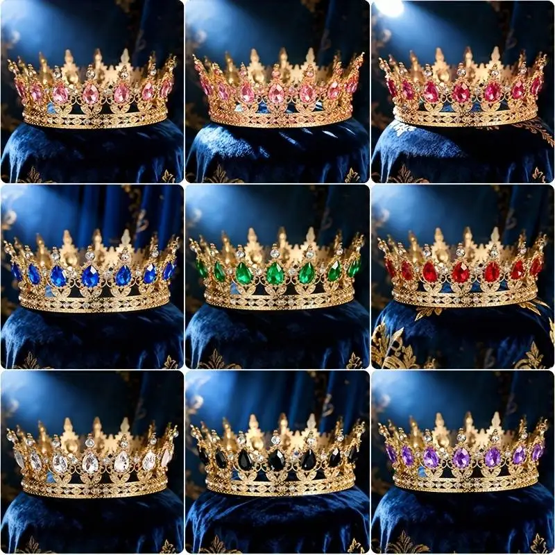 Baroque Round Crown, Royal Court Style King/Queen Crystal Tiara Bridal Wedding Dress Accessory, Birthday Party/Banquet Headpiece
