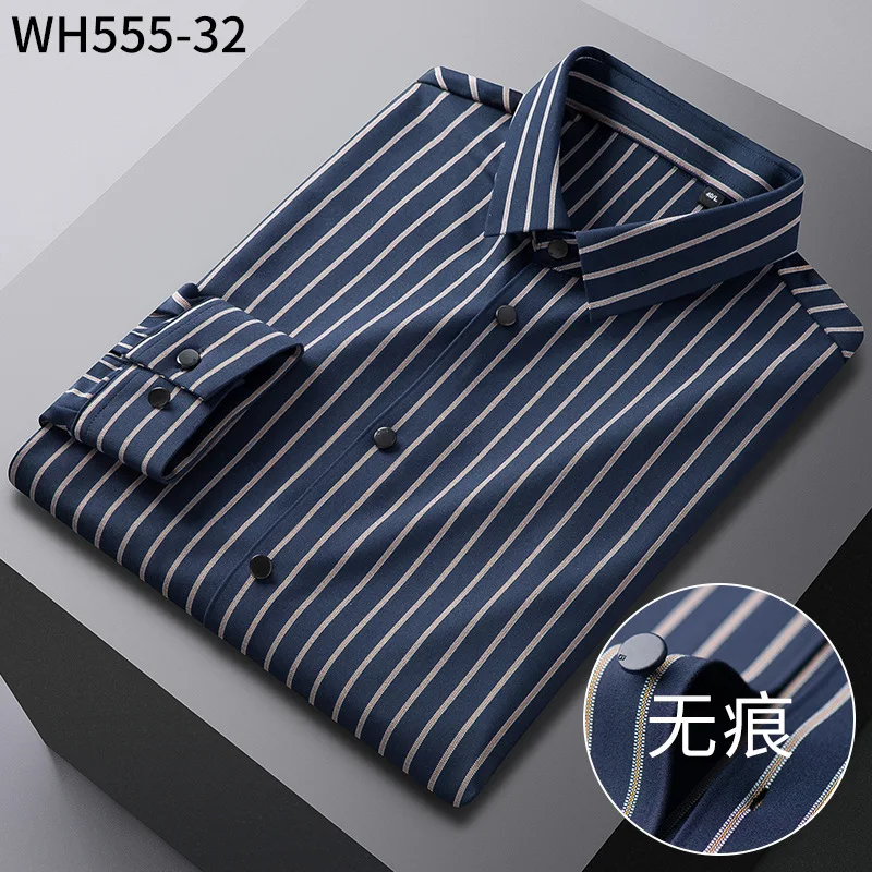 High Stretch Classic Stripes Solid Color Work White Shirt Men Long Sleeve Slim Fit Casual Anti-Wrinkle Easy Care Office Business
