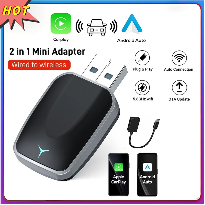 

Беспроводной CarPlay Android Auto Проводной автоматический адаптер 2 в 1 Smart Mini Box Plug & Play 5 ГГц Wi-Fi Быстрое подключение Голосовая помощь