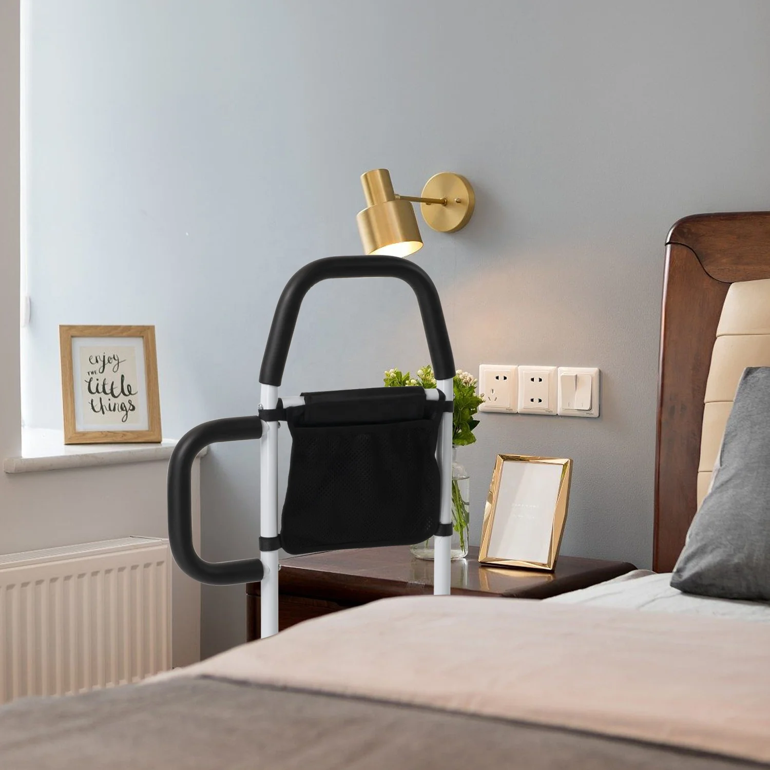 The elderly MSMT bed rail - bed auxiliary rail with double armrests & anti-fall protective bed auxiliary rod with storage bag