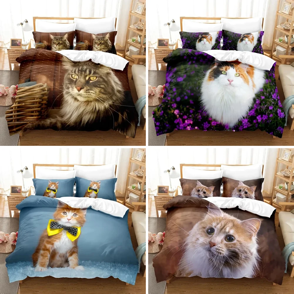 Maine Coon Bedding Set 3D Printed Lovely Cat Duvet Cover Comforter Queen King Single Size Home Textile Bedroom Decor