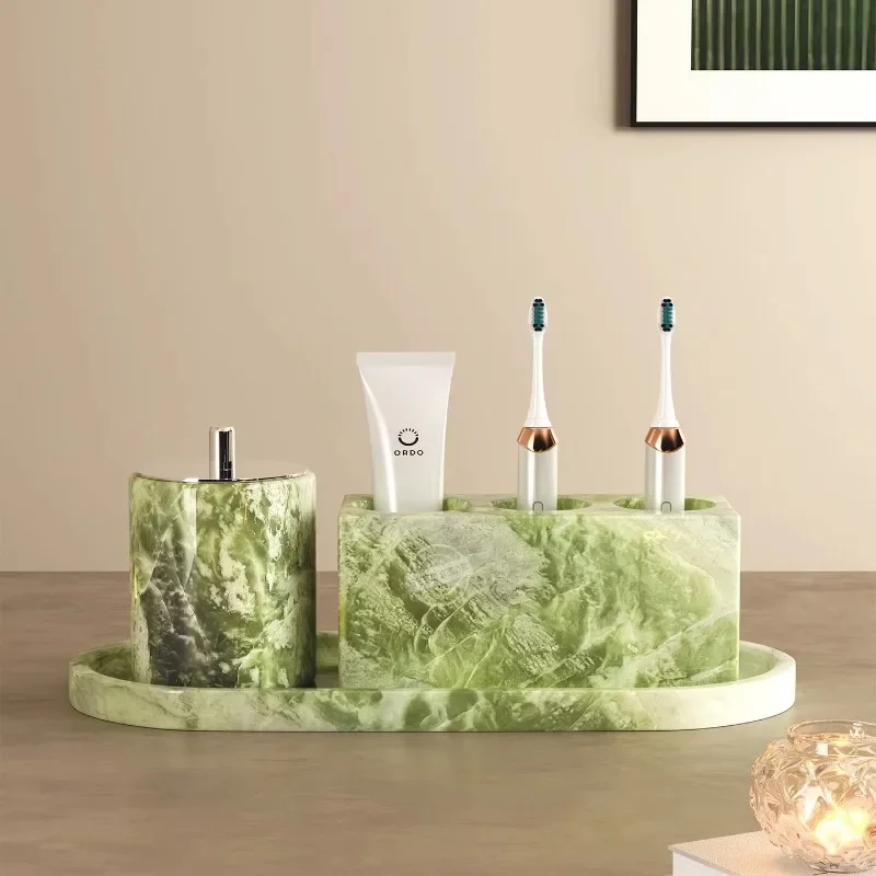 Creative Dark Green Marble Bathroom Accessories Cotton Swab Toothbrush Holder Storage Tray Luxury Toothbrush Holder Storage Jar