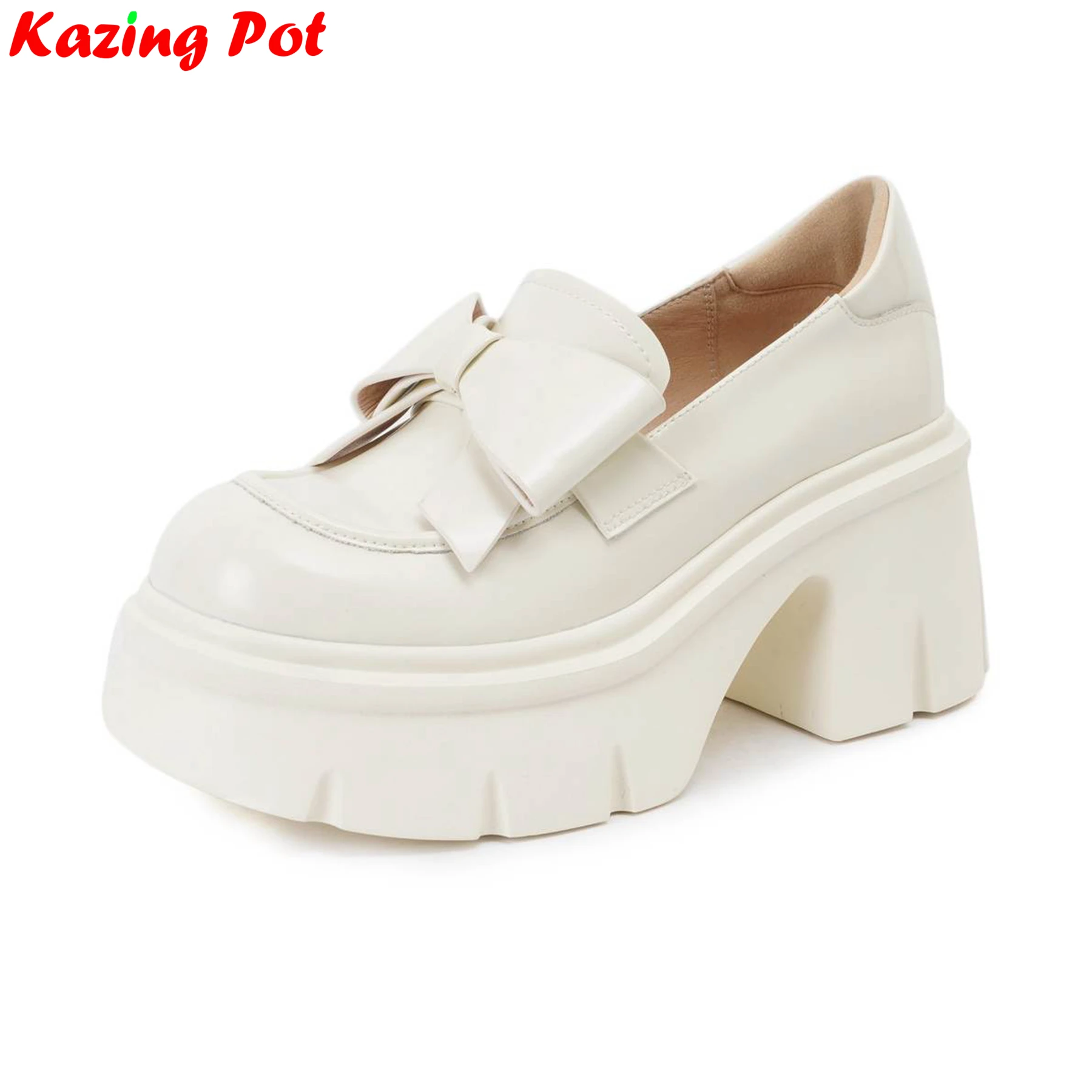 Krazing Pot 7cm High Heels Sheep Cow Leather Casual Shoes Butterfly-knot Platform Sweet Loafer Luxury Elegant Lolita Women Pumps