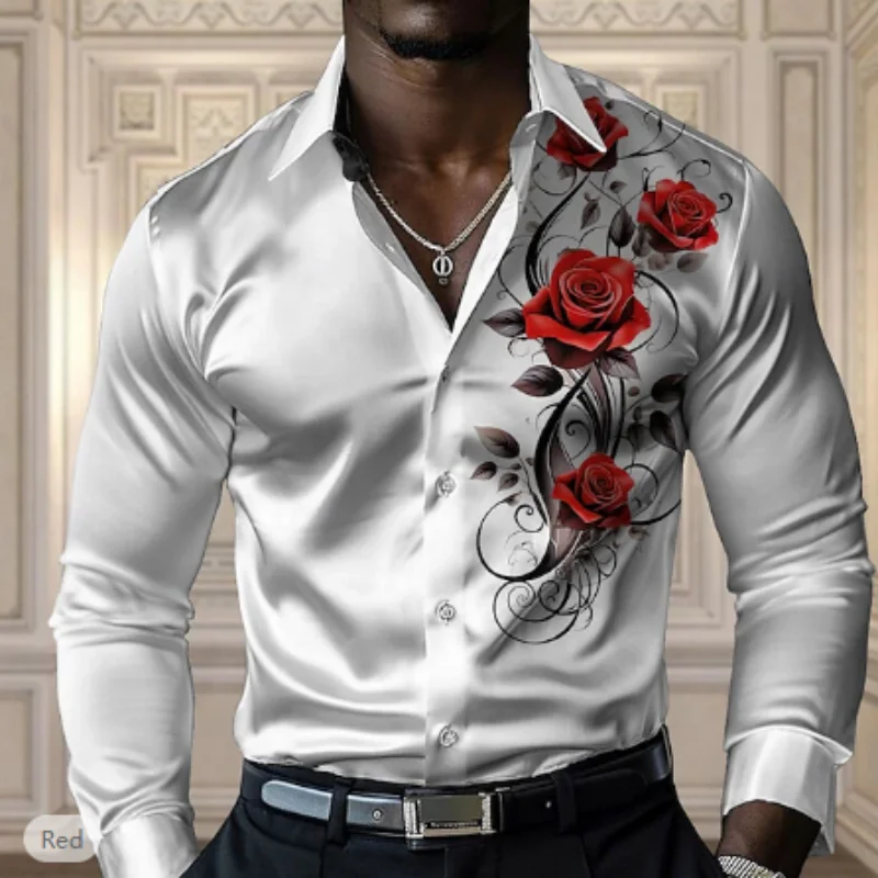 

High End Men's Rose Shirt Casual and Comfortable Button Up Turndown Long Sleeve Party Shirt Fashionable Four Season Shirt