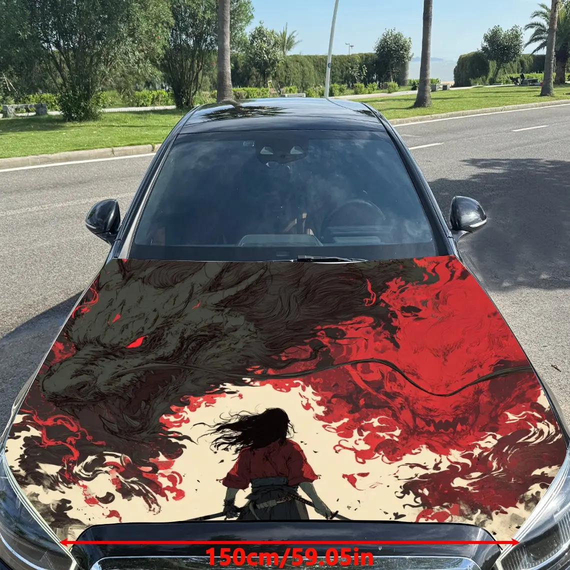Samurai And Wolf Car Hood Stickers,Durable PVC Vinyl Packaging,Enhanced Protection And Style,Easy To Apply And Disassemble,Suita