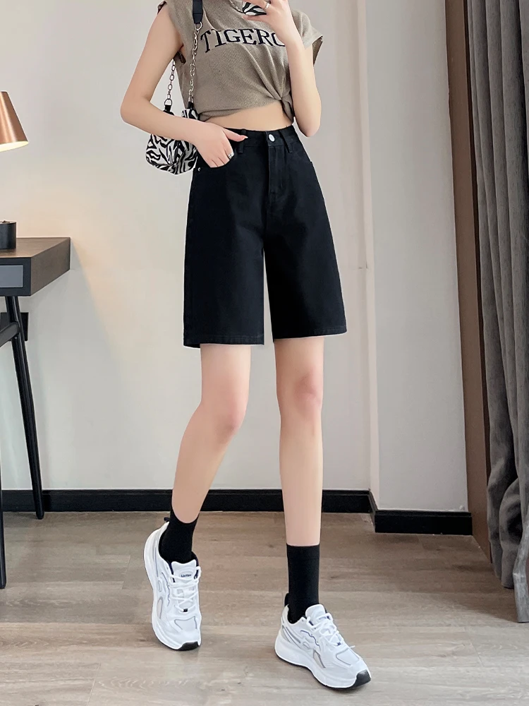 

High Waist Five-Quarter Loose Fit Denim Shorts Women's Summer Slimming Straight Leg Mid-Calf Pants Cotton Polyester Blend