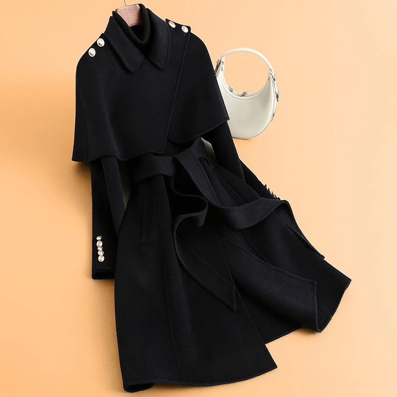 2025 autumn new double-sided wool coat women's medium and long cape removable wool woolen coat