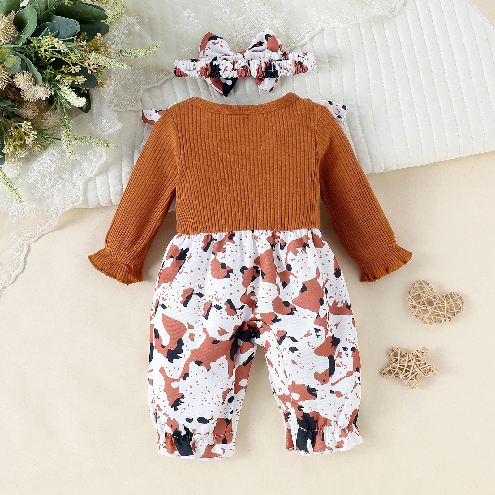 2PCS Autumn New Style 0-1 Year Old Girl Baby Fashionable Casual Round Collar Long-Sleeve Top Strap Jumpsuit