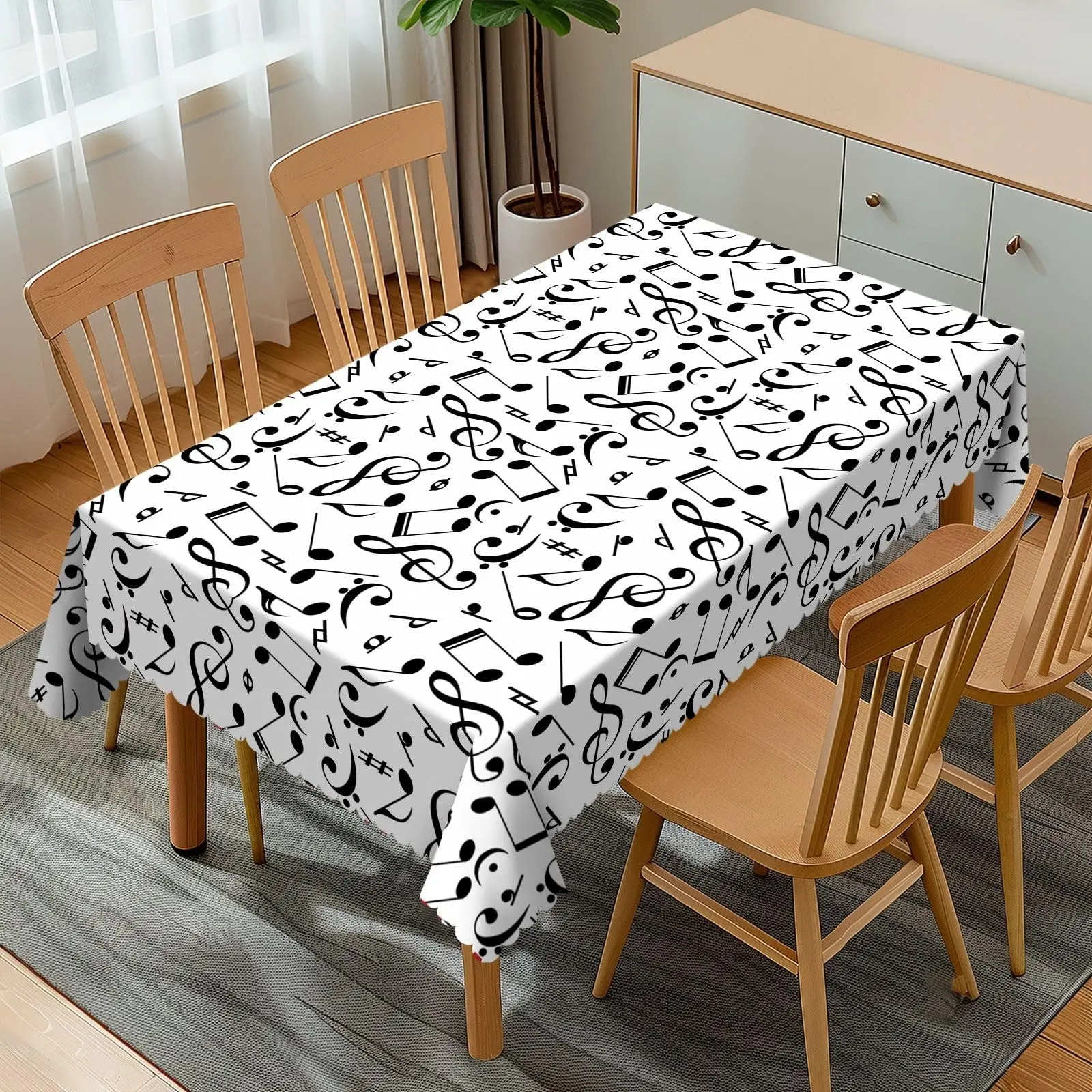 Music Theme Rectangular Tablecloth, Musical Notes Wavy Border Polyester Table Cloth for Dining, Kitchen, Parties