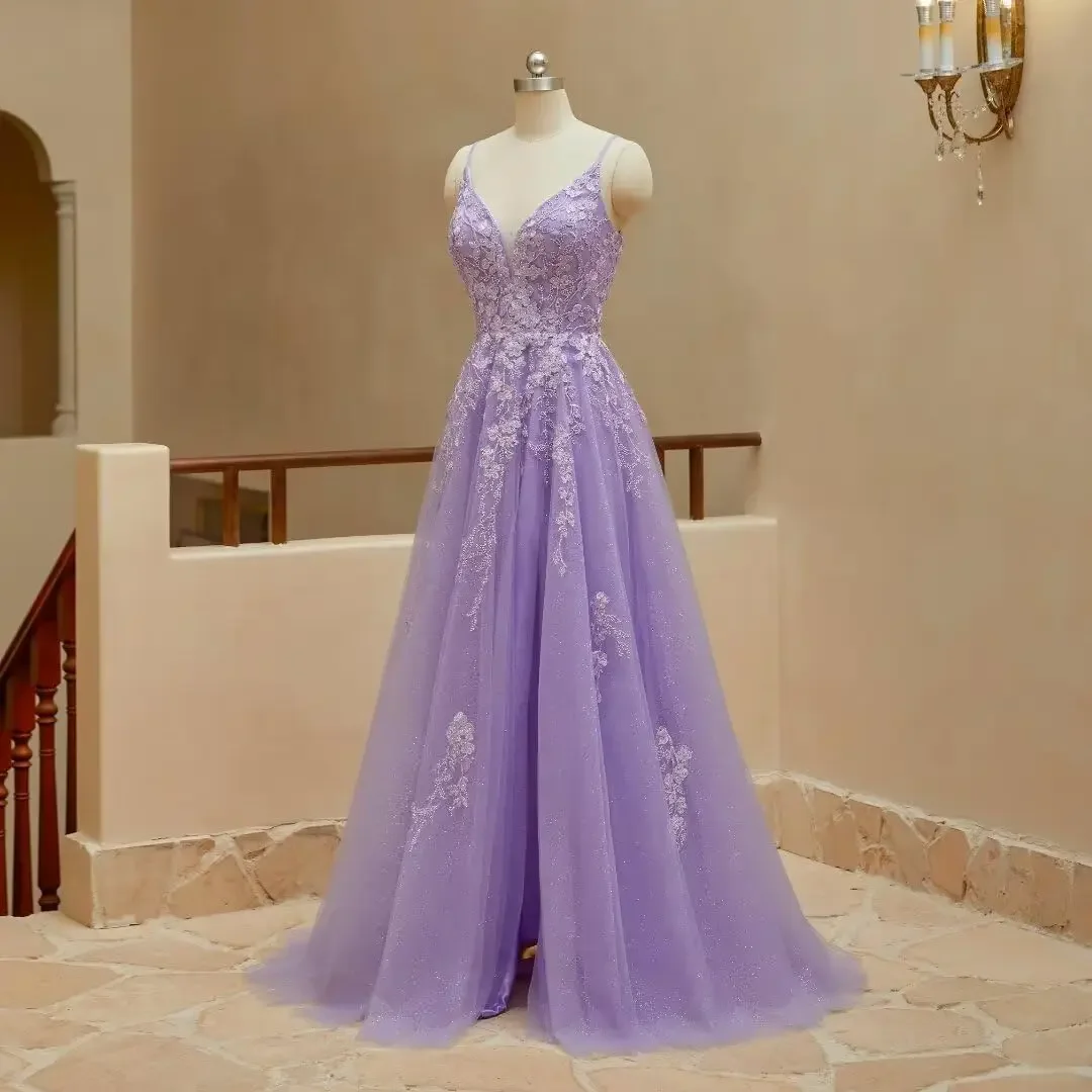 Vestido Formal con Apliques de encaje de tul y tirantes finos, vestido de baile largo para mujer, corsé con tirantes finos, vestido de fiesta de noche sin espalda