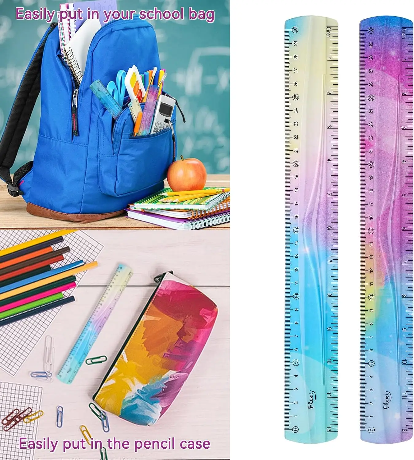 2Piece Flexible Ruler 30cm/12inch Plastic Straight Edge Ruler Soft Bendable for School Classroom Office Kids Adults