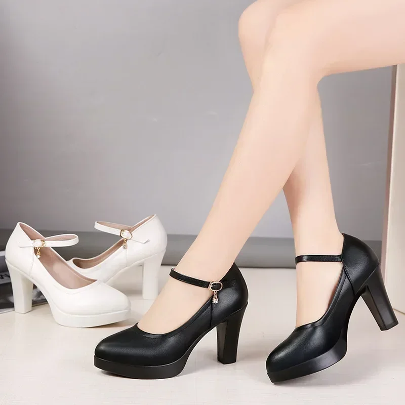 

High Heels Platform Pumps Mujer 2024 Spring New Fashion Buckle Solid Black Shoes Woman PU Leather Waterproof Shoes Femme