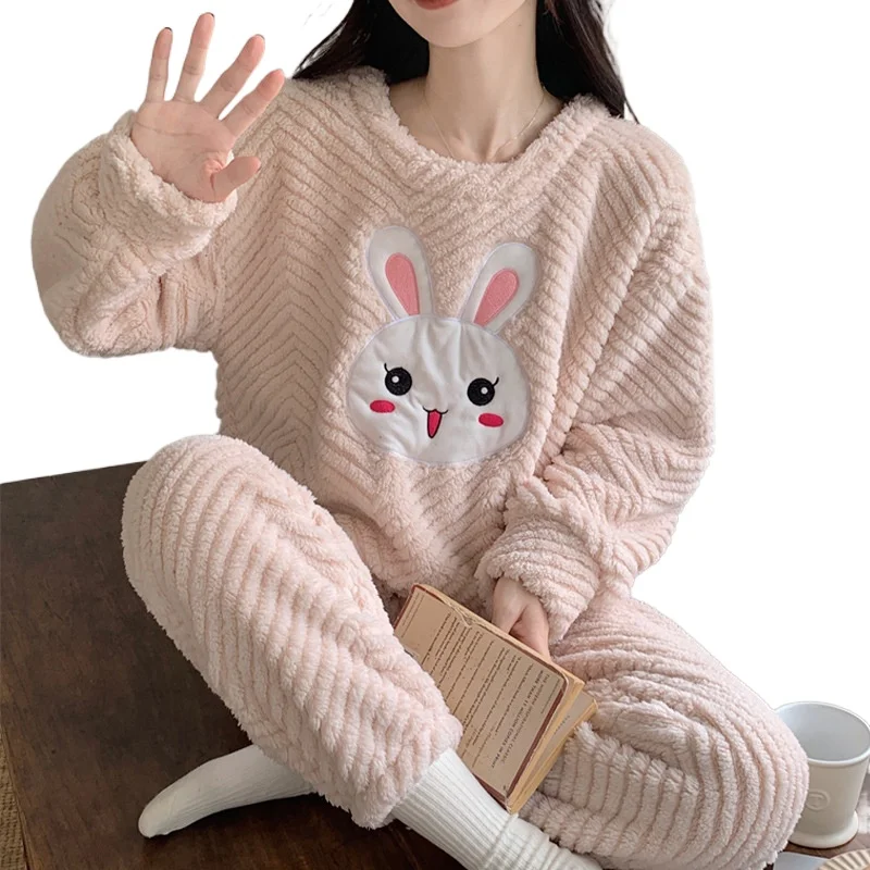 

Coral Velvet Pajamas Women's Winter New Student Ins Long Sleeved Pants Pullover Cartoon Oversized Home Clothing Loose Round Neck