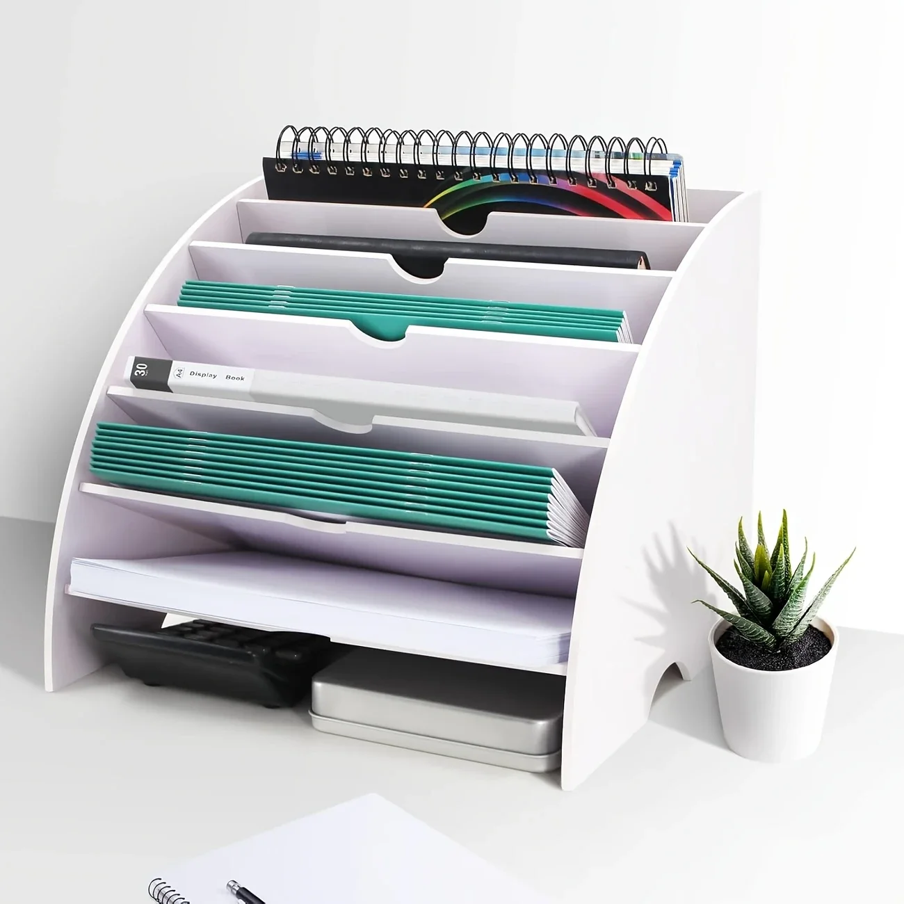 7-Tier Desktop File Organizer, White Vertical Document Holder, Office Desk Paper Sorter Storage Rack for Letters & Folders