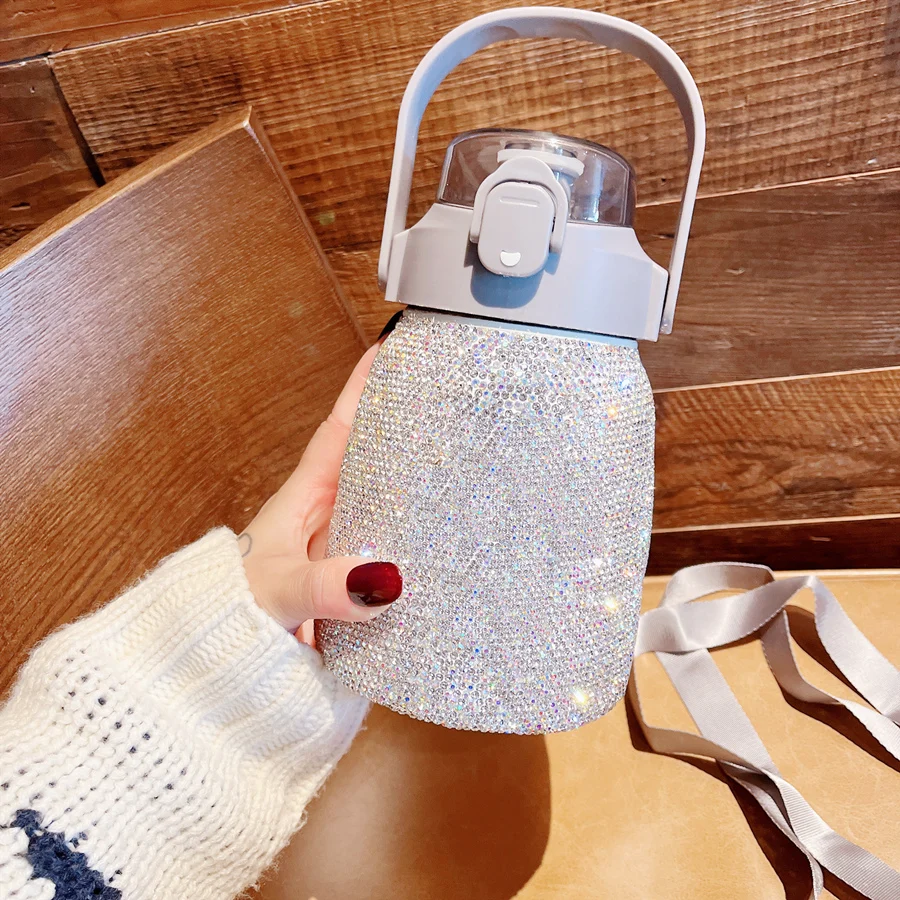 

Thermos Cup Cute Rhinestones KT Pot Belly Mug Large Capacity Stainless Steel Portable Student Travel Straw Water Bottle 850ML