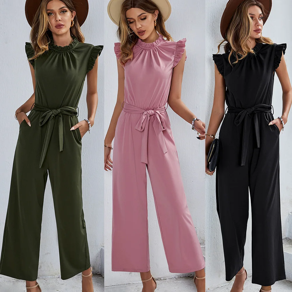 

Diyun Cross-border Women's Clothing Amazon Temperament Casual Solid Color One-piece Pants 2024 Spring Fly-sleeved Top
