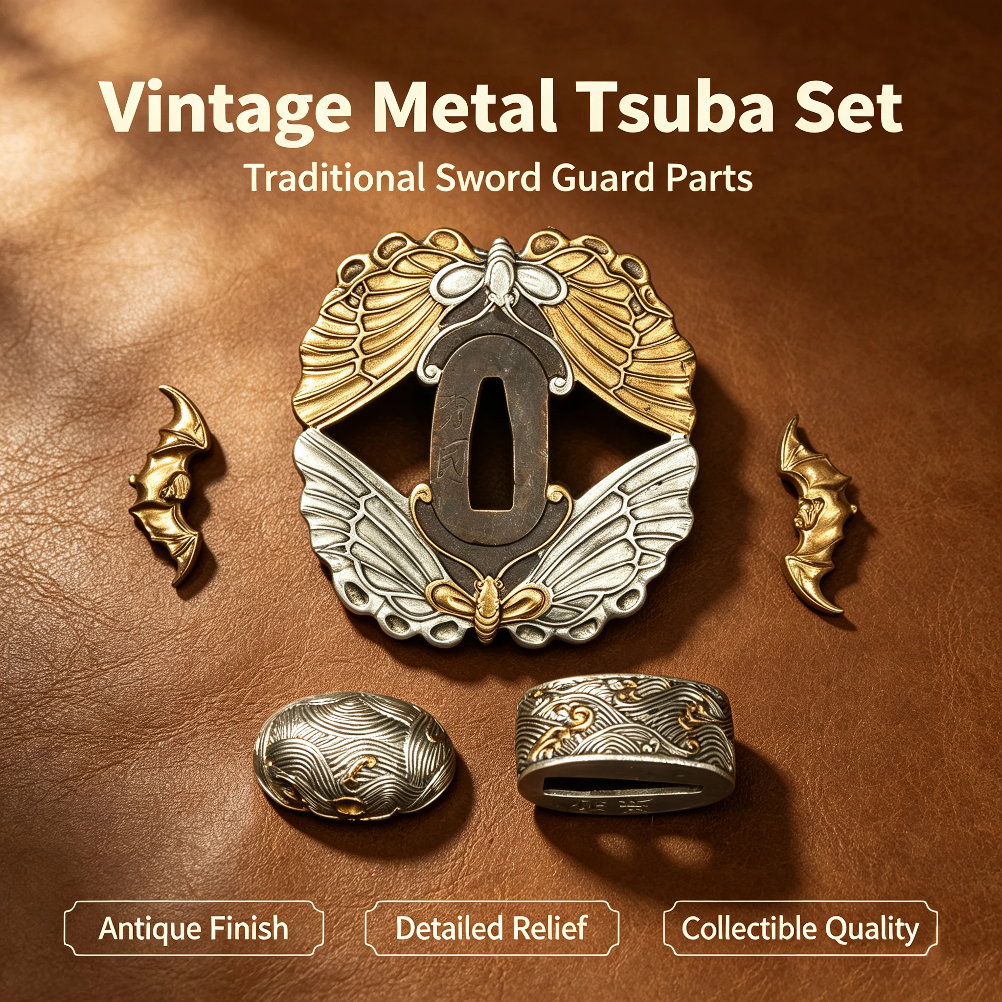 Antique Finish Butterfly & Bat Hollow Tsuba Full Tsuka Hardware Set Gold Silver Inlaid Wave Relief Metal Sword Fittings Kit