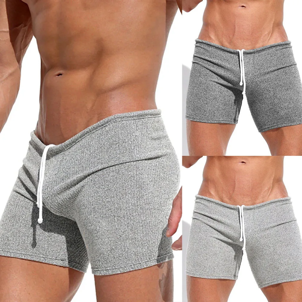 Men'S Gray Sports Shorts Slim Fitting And Sexy Shorts For Men Lace Up Casual Beach Pants Summer Hot Gay Half Pants Men Bottoms