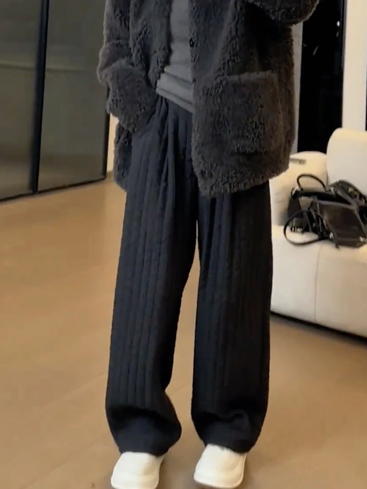 

Широкие хлопковые брюки в полоску в стиле ретро, женские свободные утягивающие повседневные прямые легкие теплые верхняя одежда, зимняя длинная одежда с высокой талией...