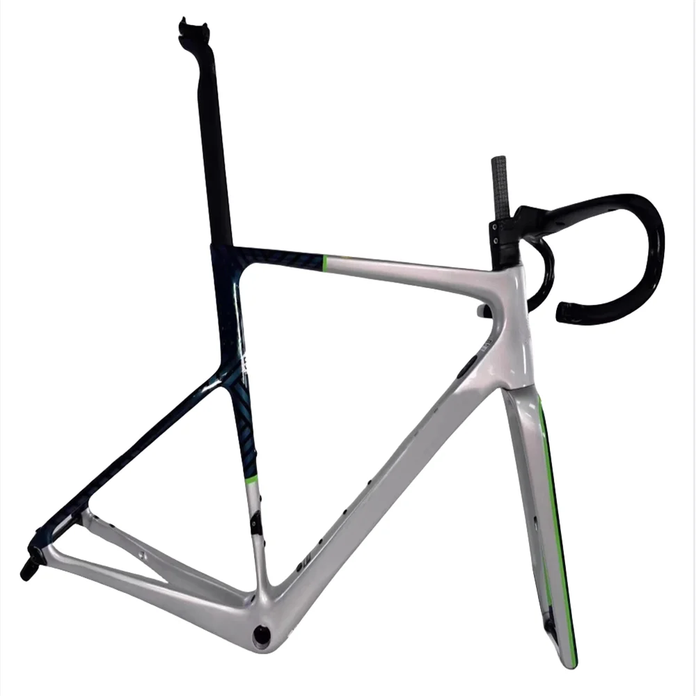 EVO-Cadre de vélo de route en fibre de carbone T1100, avec frein à disque et guidon, couleur argent vert brillant, en vogue