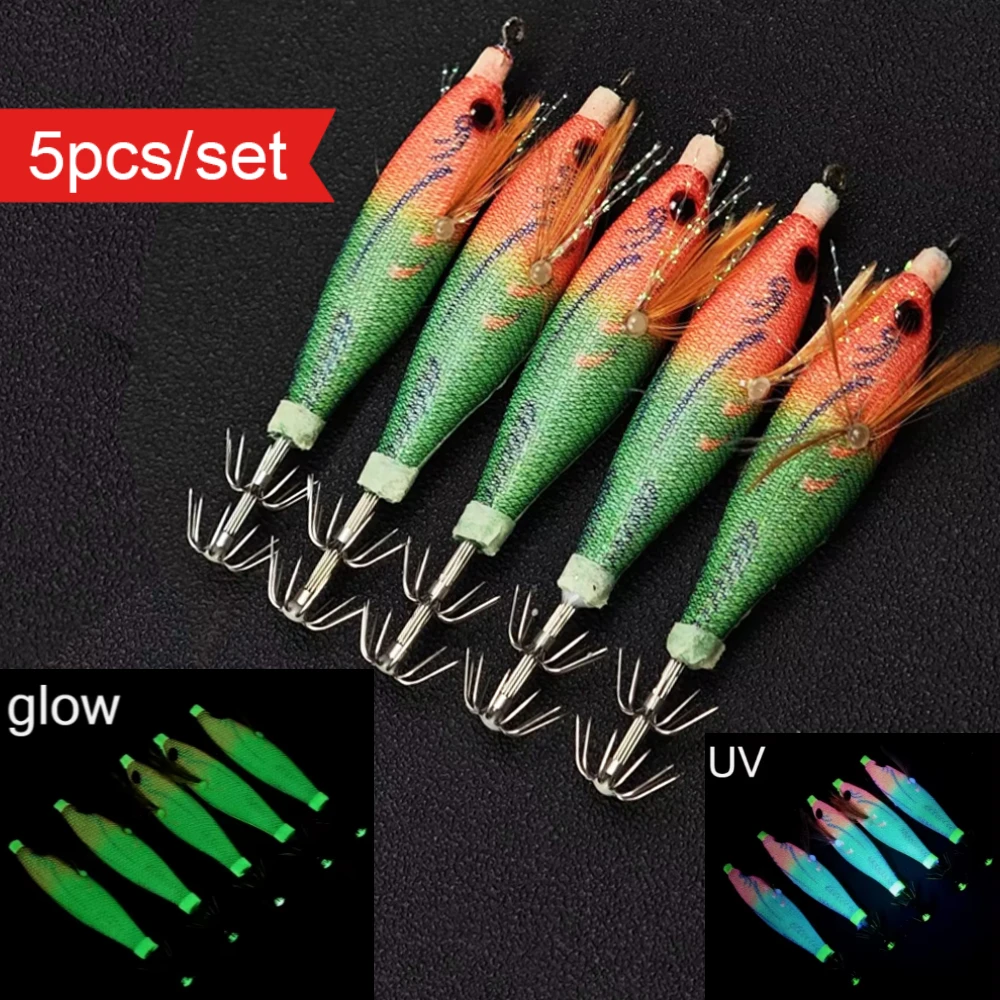 5 Stück 8cm Horizontaler Tintenfisch-Jig Egi-Set 8cm Leuchtend im Dunkeln Meeressiebenschwanz-Oktopus-Köder Salzwasser-Angelköder Egi-Ausrüstung