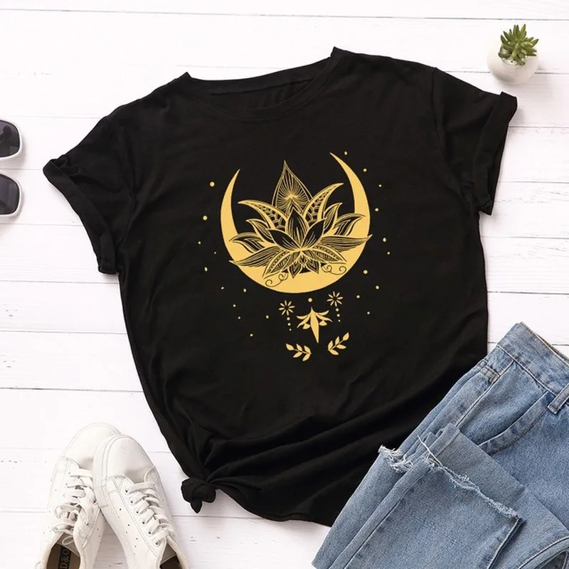 

Golden Lotus Moon Print T Shirt Women Short Sleeve O Neck Loose Tshirt Summer Women Tee Shirt Tops Camisetas Mujer