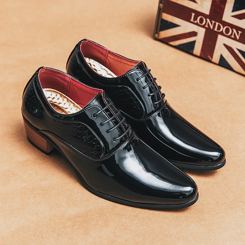 Luxury Black High Heel Men's Shoe Fashion Moccasin Man Wedding Shoes Groom Designer Pointed Toe Dress Shoes Men Leather Oxford