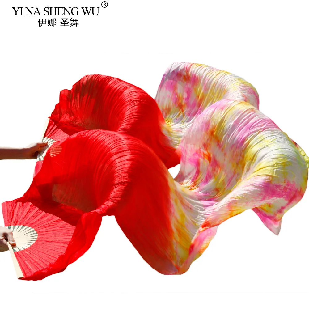 Éventails de danse pour femmes, 100% soie, couleurs mélangées, rouge + accessoires de danse multicolores, 180x90cm, voiles pour danse du ventre (2 pièces)