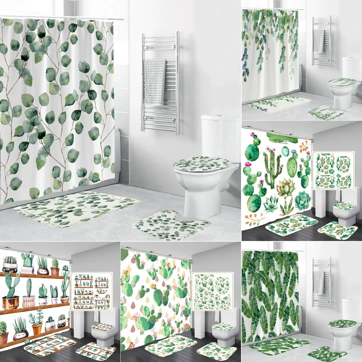 

Tropical Green Plant Leaf Palm Cactus Shower Curtain Set Bathroom Anti-slip Bath Mat Toilet Rugs Carpet Home Decor