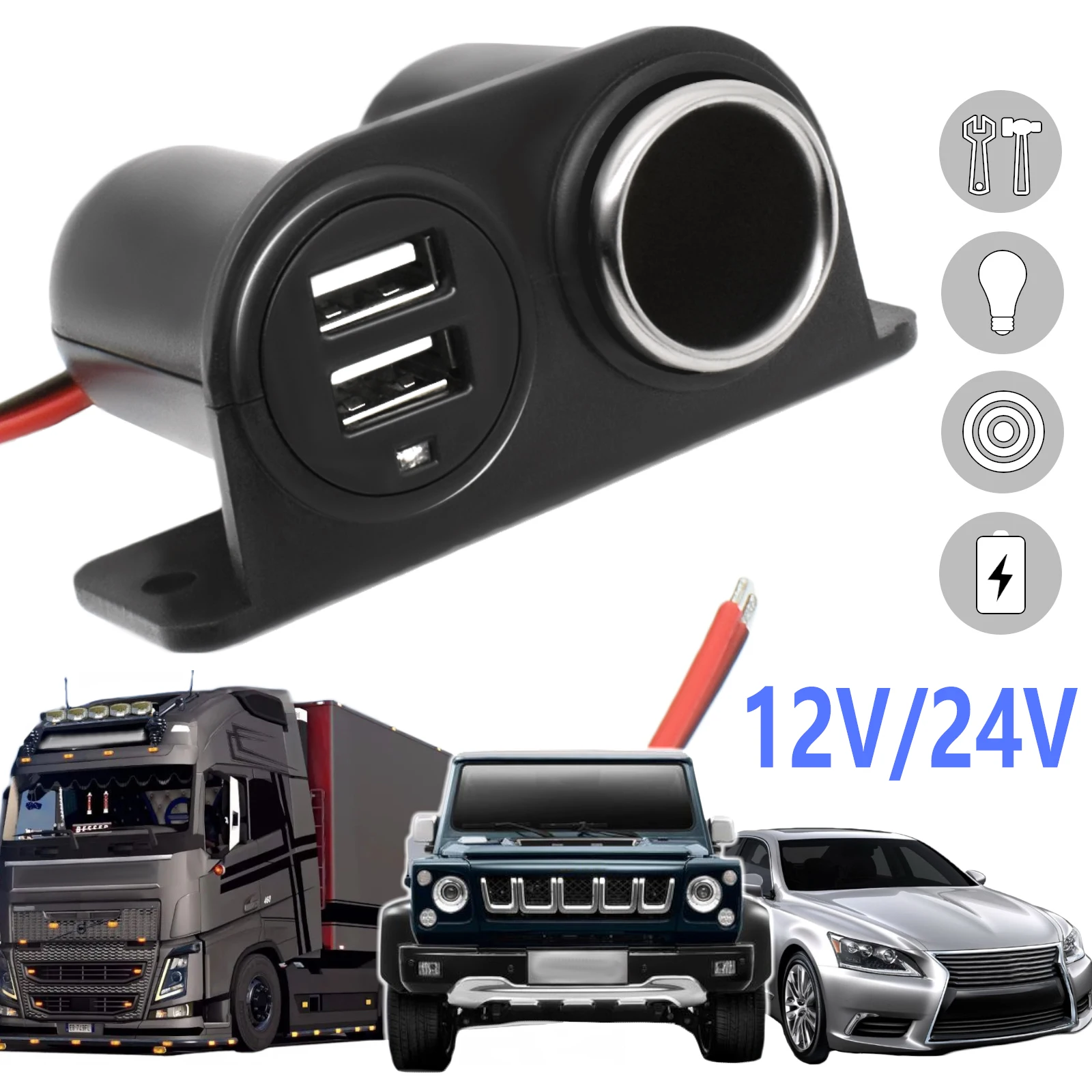 12v 24v Car Cigarette Lighter Charger Dual USB Auto Charge Car Lighter Splitter Socket Universal for Dash Cam DVR Mobile Phone