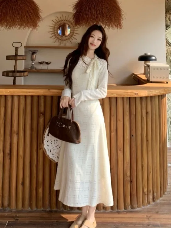 

plus Size Women's Gentle Style Knot Lace Half High Collar Dress Spring Summer New Waist Cinching A-Line Skirt