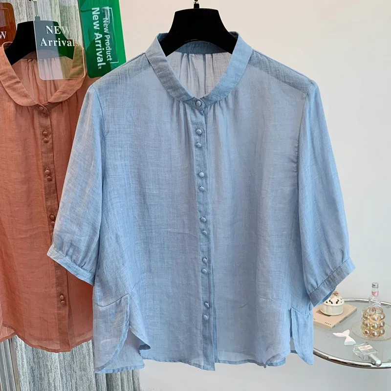 Csa de Manga Curta Respirável em Cor Sólida Estilo Coreano Fena Artística Fresca de Verão com Manga Cinco-Quartos