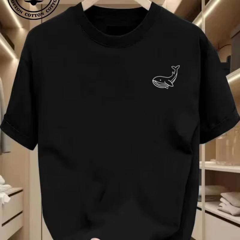 2026 Summer Men's Summer Fashionable Casual Sports Loose Large Whale Pattern Printed Fashion Round Neck Short Sleeve T-shirt Top