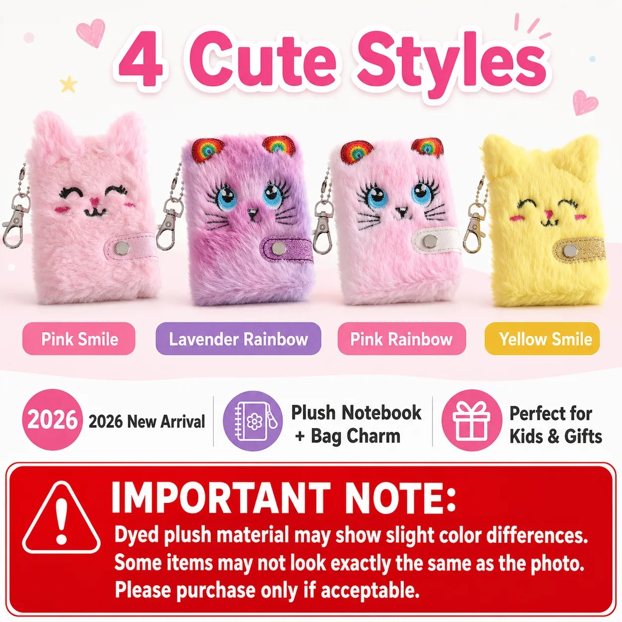 2026 New Plush Cat Notebook, Cute Cartoon Writing Book for Children, Backpack Pendant Gift Book