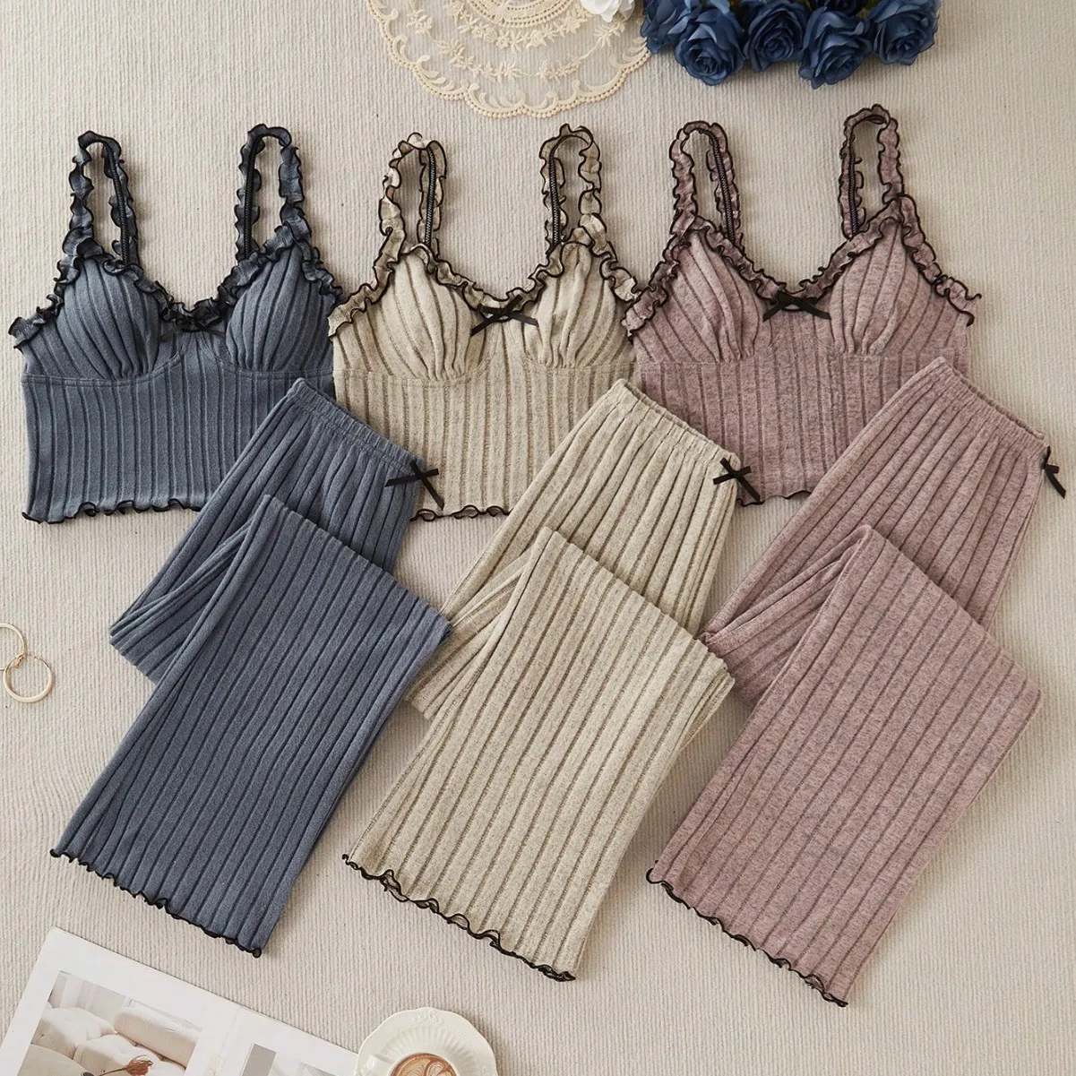 

Women Pajamas Set Soft Soft and Comfortable Women's Pajamas Bow Curled Striped Suspenders Trousers Loungewear Set