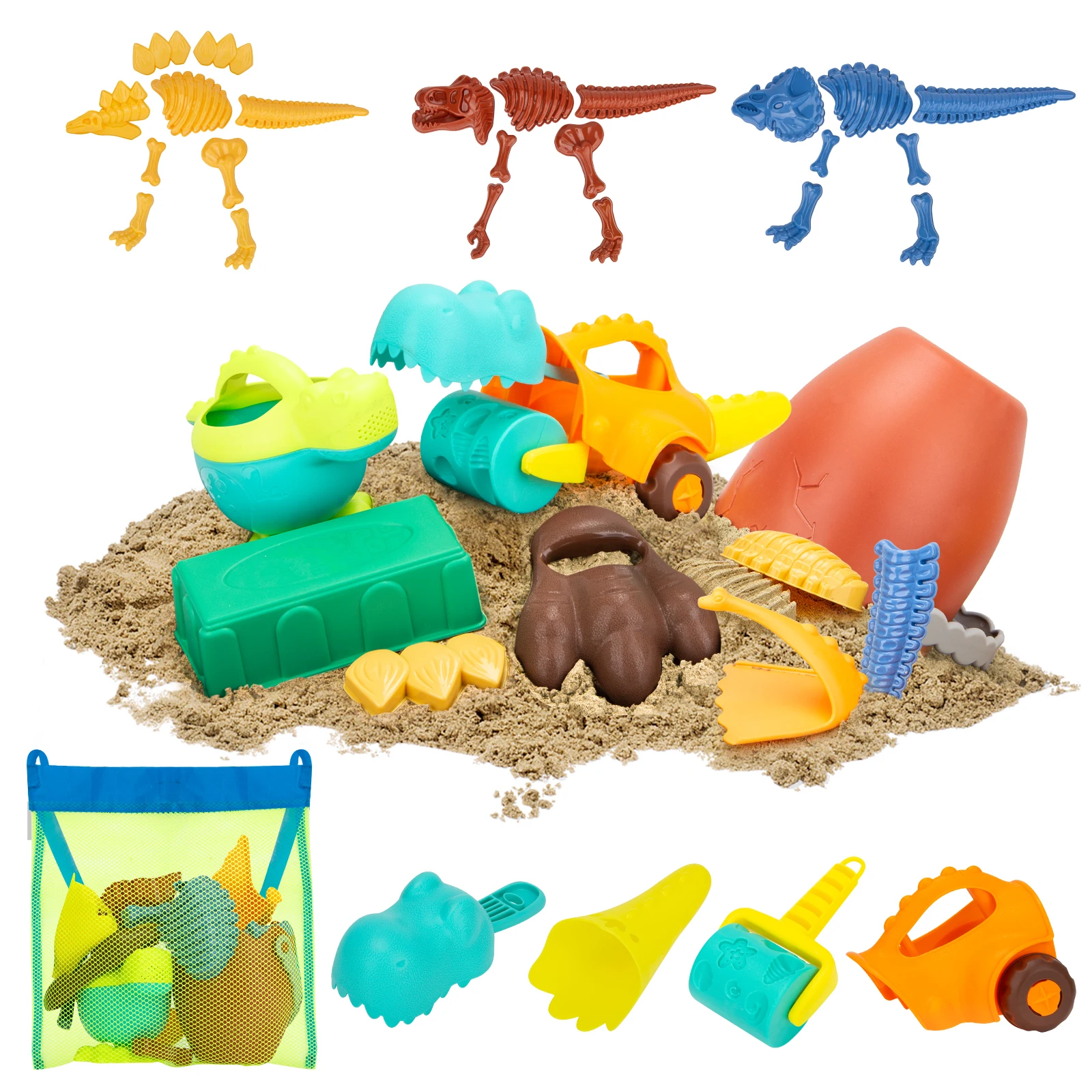 EDUCIRO Dinosaur Beach Toys dla dzieci 3-5 , Dinosaur Mold Set 33 PCS Sand Toys with Mesh Bag, prezenty dla chłopców i dziewczynek 6-10