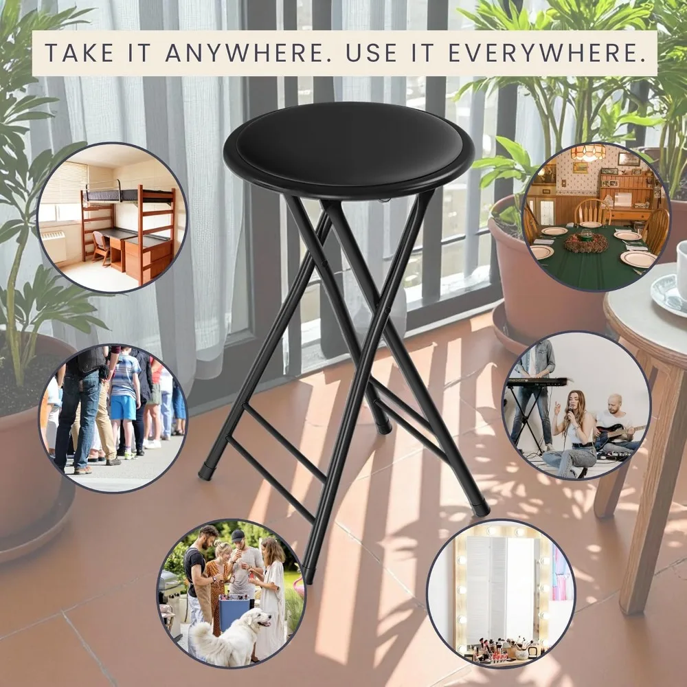 Set of 2 Black Folding Bar Stools, 24-Inch Height, 225lb Capacity for Kitchen or Game Room