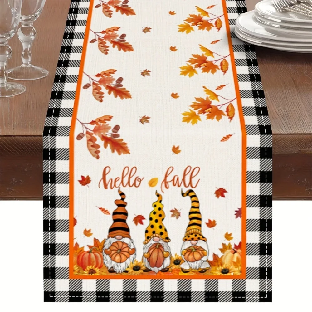 Thanksgiving Table Runner Pumpkin Maple Leaf Gnome Design Dresser Scarves Table Cover for Indoor Outdoor Holiday Party Decor