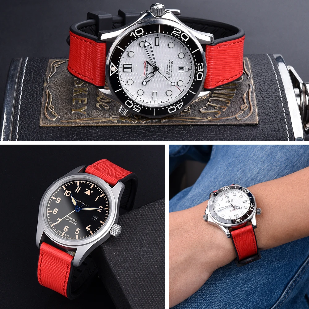 New Leather+FPM/FKM Rubber Straps 20mm 22mm Double Layer Diver Watch Straps Rubber Watchbands Leather Strap Bracelet Accessories