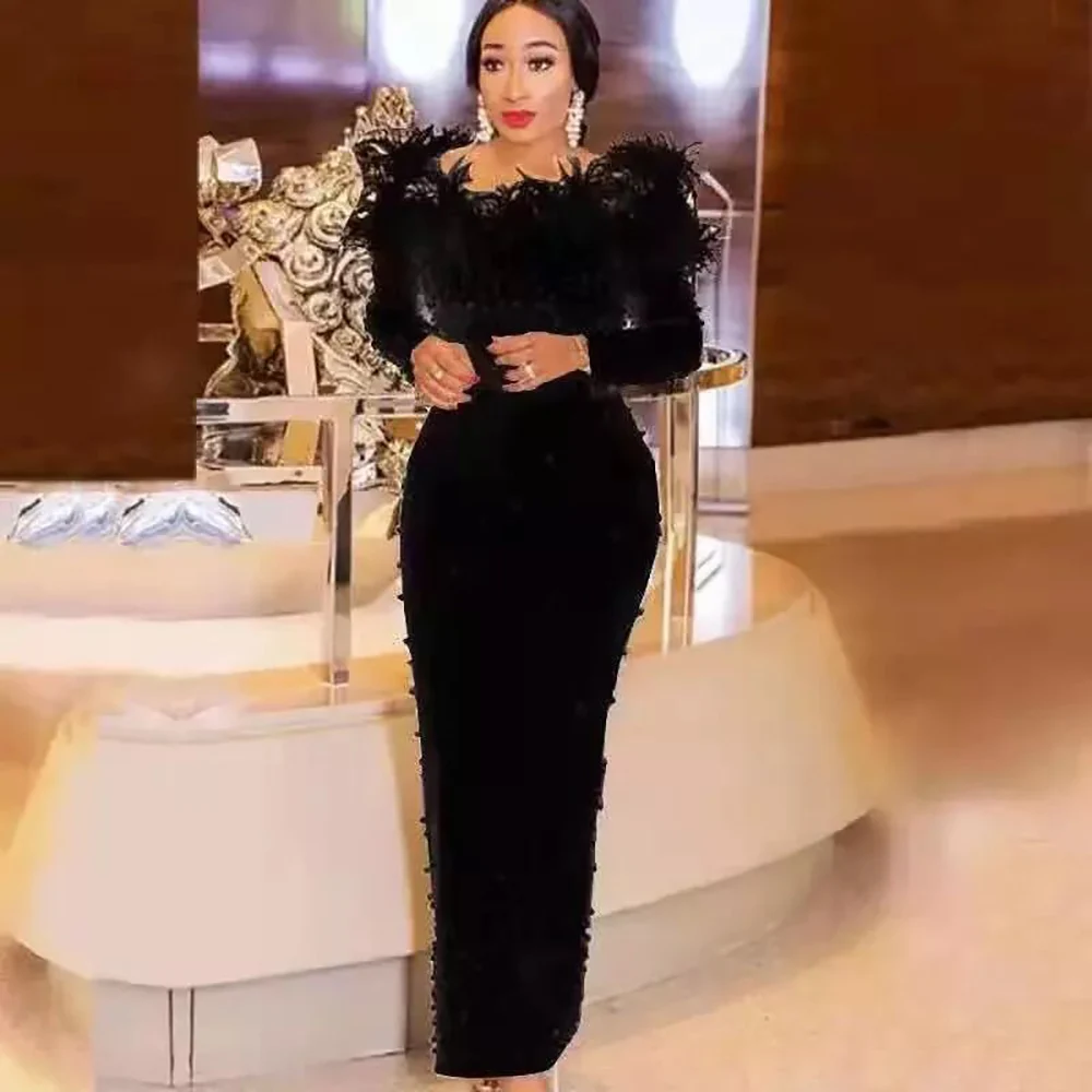 Damen Schulterfreies Samtkleid mit Quastenbesatz, Einfarbiges Langarm-Maxikleid, Schlankes Party- und Clubkleid, Formelles Abendkleid für Hochzeiten
