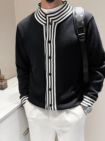 슬림핏 니트 가디건 슬림핏 긴팔 슬림핏 긴팔 스탠드 칼라 스탠드 칼라 스트라이프 패치워크 패치워크 가을 가디건 니트 가디건 니트 가디건