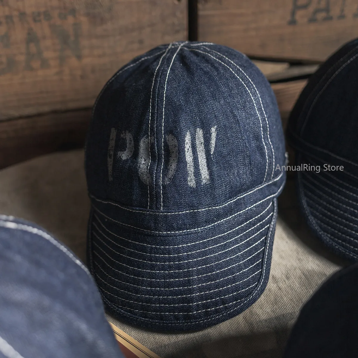 Bronson POW Prisoner Selvedge Denim Cap, Daisy Mae Raw Indigo PW Vintage Army Baseball Work Hat Unisex